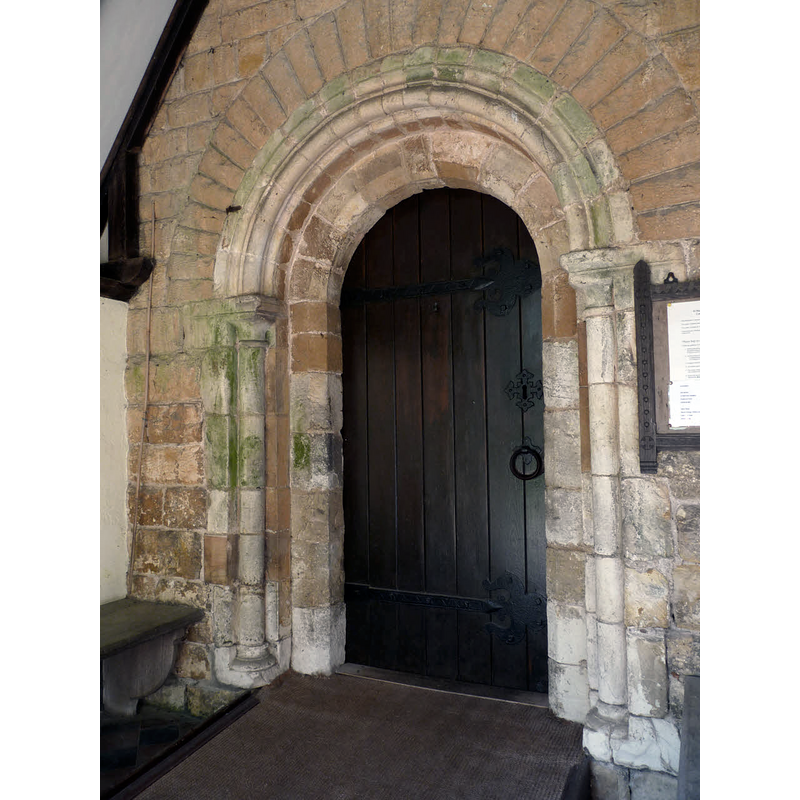Source caption: "Church of St Mary, Carlton-on-Trent [...] the south doorway (c1200) is the main surviving fabric, incorporated into the new church."