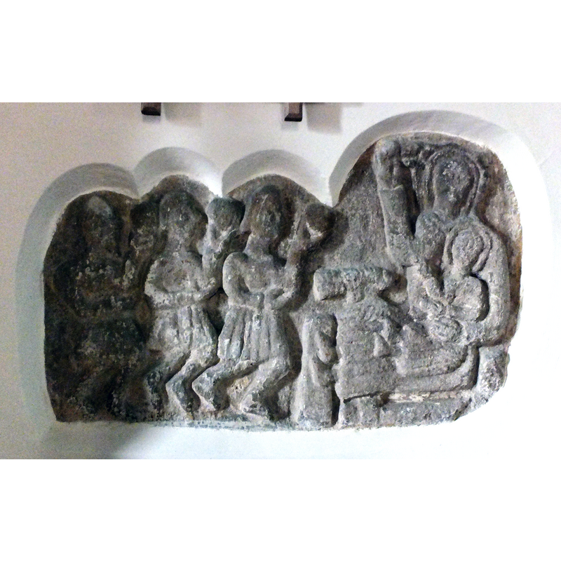 "To left of chancel arch: C12 carving of Adoration of Magi" [Historic England [Listing NGR: NT9134630251]]