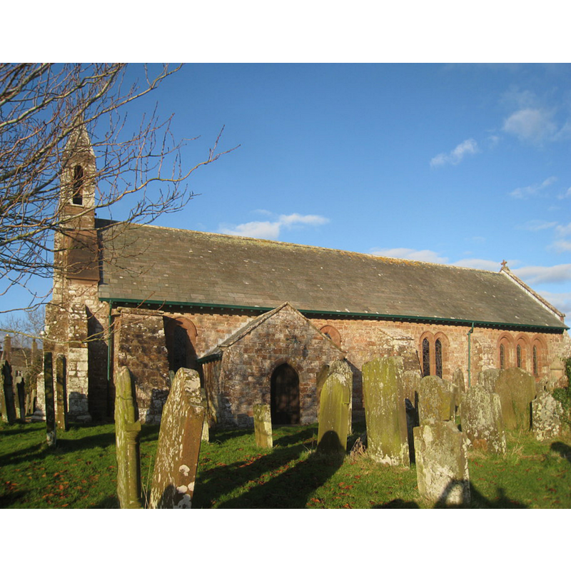 Source caption: "St. Michael's church, Bowness on Solway. Late Norman with later alterations. Much material from Hadrian's Wall was used in its construction."