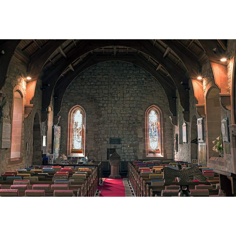 Source caption: "View down the Church looking west - the recovered Norman font can be seen in the middle"