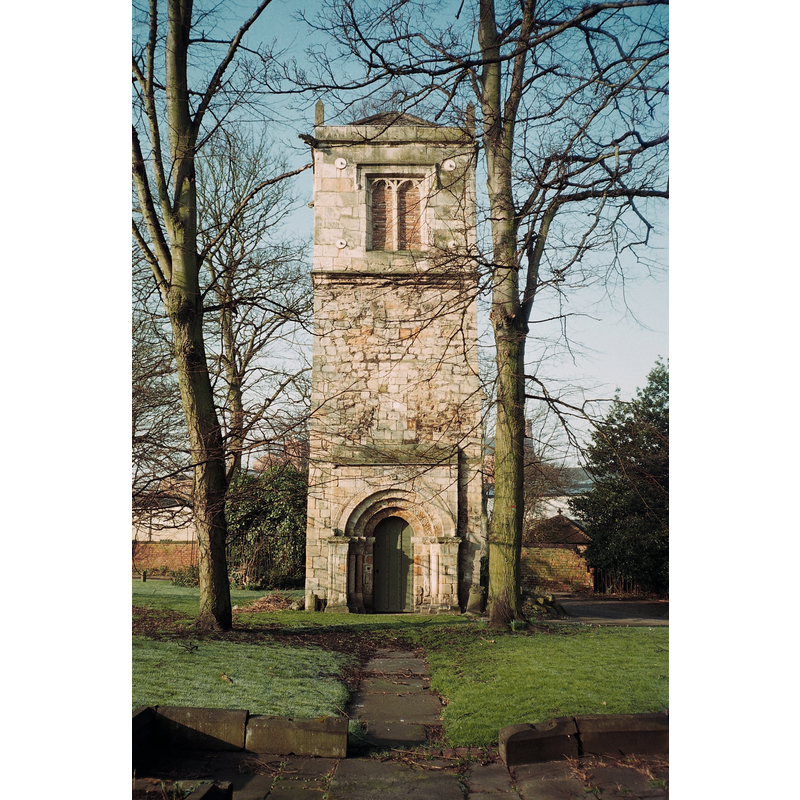 Source caption: "Tower of the former parish church of St Lawrence, Lawrence Street, York"