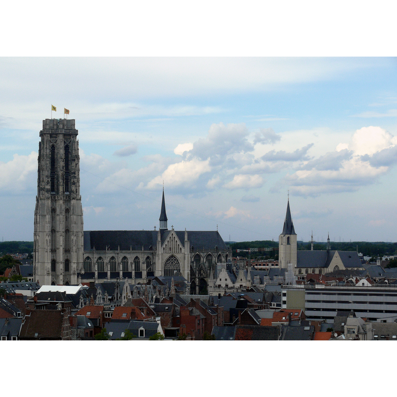 Source caption: "St-Rumbold's Cathedral in Mechelen (Flanders, Belgium) as seen from the tower of the Onze-Lieve-Vrouw-over-de-Dijlekerk (Church of Our Lady across the river Dijle). To the right Parochiekerk Sint-Jan-Baptist-en-Evangelist (St-John's Church)."