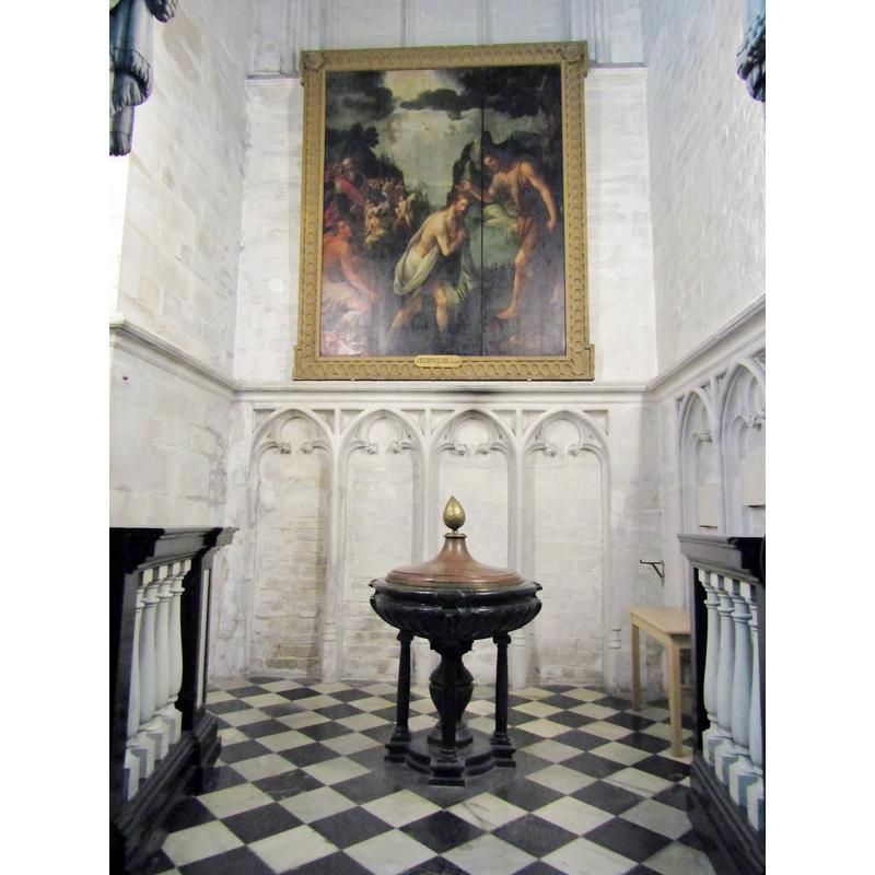 the modern font in the baptistery