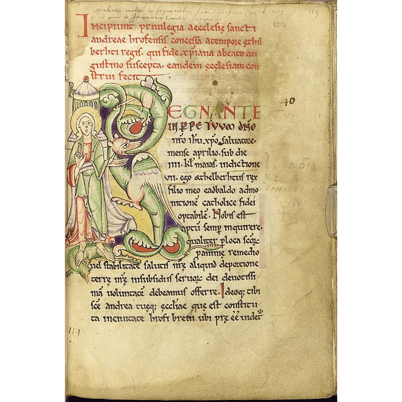 Source caption: "A page from the 12th-century Textus Roffensis showing the beginning of charter S 1, a grant from King Æthelberht of Kent to the church in Rochester."