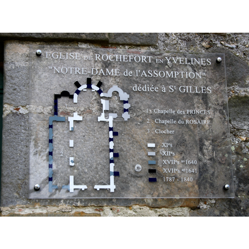 plaque outside the church shows plan and dates of construction