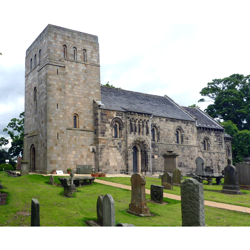 Source caption: "Lothian Architecture : Dalmeny Kirk. Category A listed church. Early 12th century, with 17th century additions and alterations; tower (incorporating earlier work) by Alfred Greig, 1937."