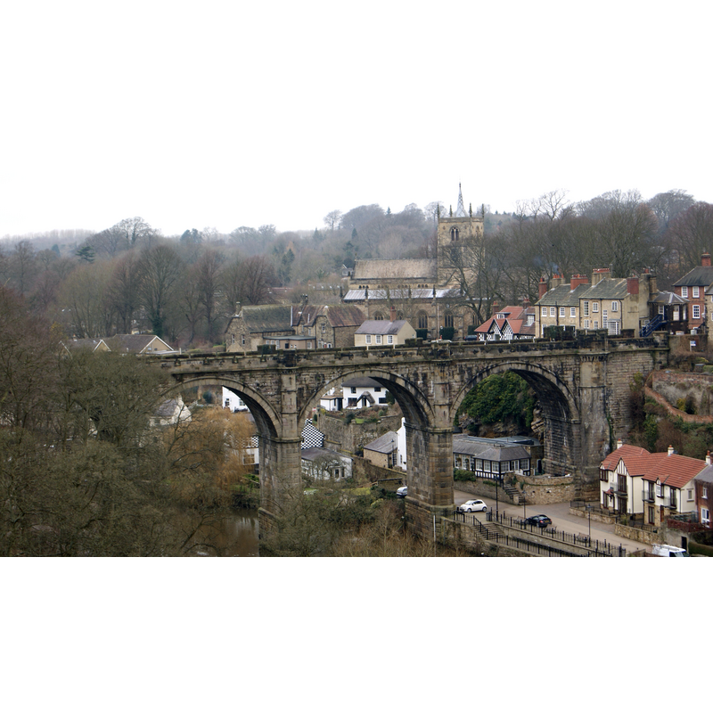 Source caption: "View of Nidd viaduct and St John the Baptist church from Knaresborough Castle, Knaresborough, North Yorkshire."