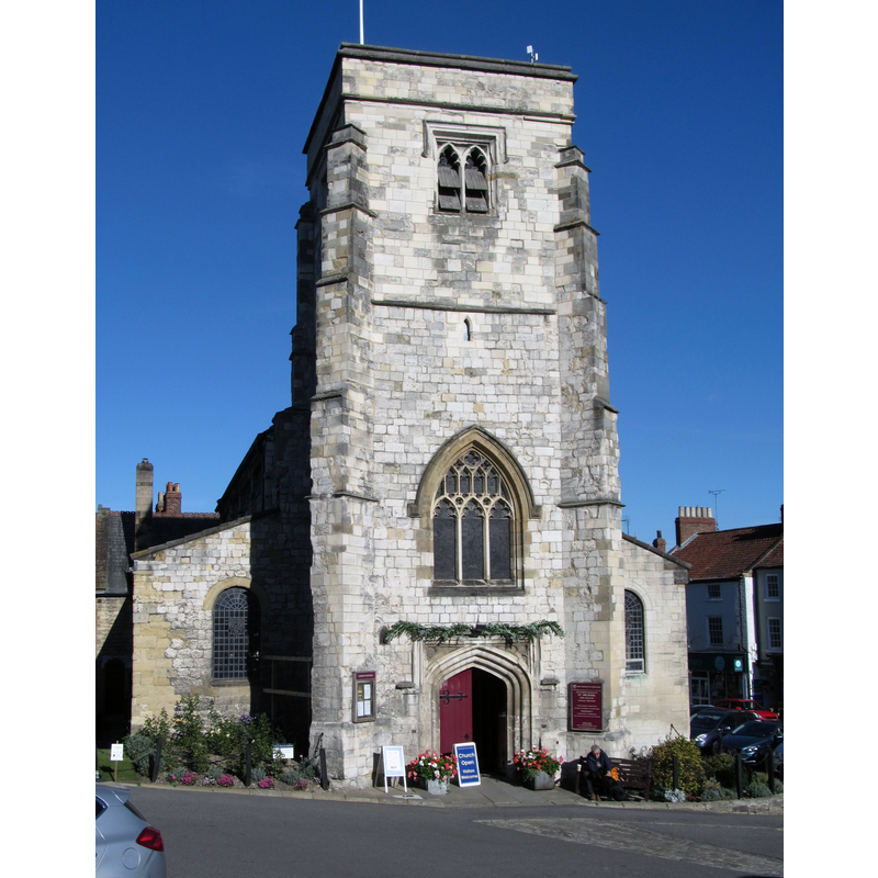 Source caption: "St Michael's church, Malton. Right in the middle of the Market Place. Much of the building is of Norman date, but the west tower is Perpendicular in style."