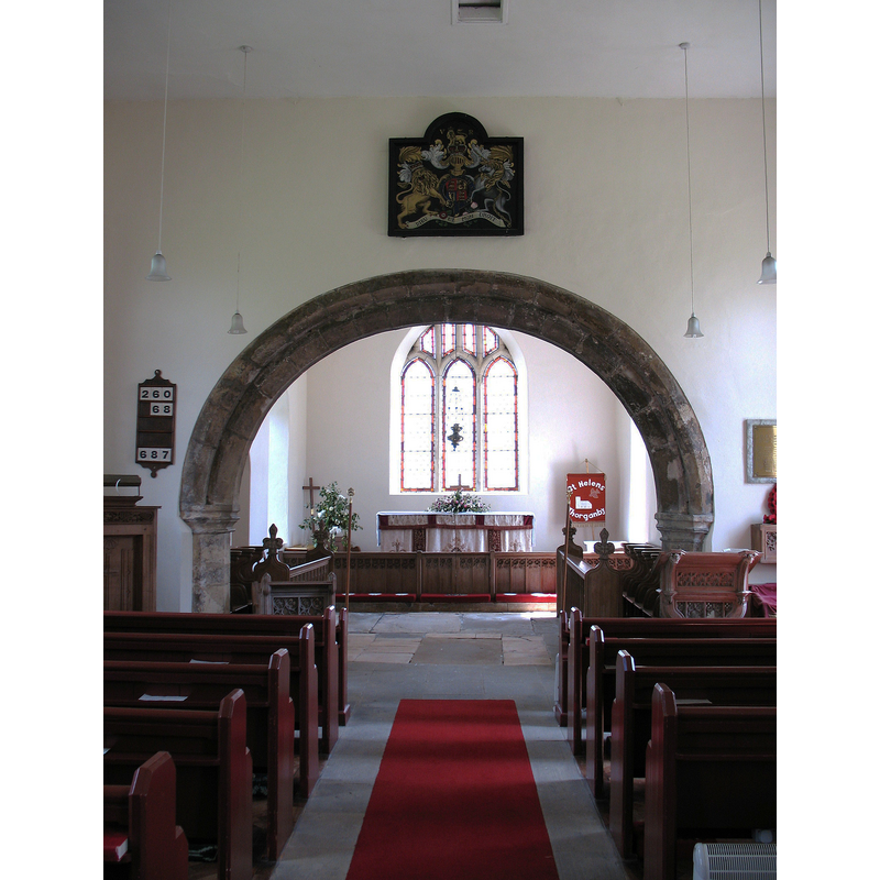 Source caption: "St Helen's church interior. Simple flat ceilinged nave of 1710 leading to the chancel of 1719. The chancel arch is 14th century and must have been saved from the earlier church."