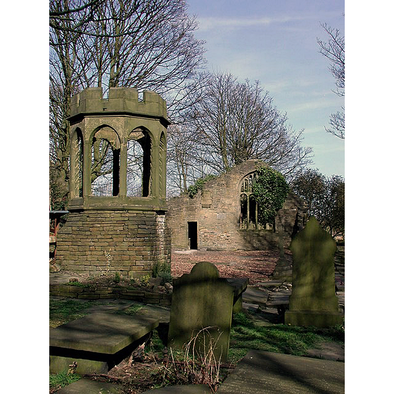 Source caption: "Old Church of St. James, Thornton. Known locally as 'The Old Bell Chapel', the church was built in 1612 on the site of two earlier chapels. By 1872 it had fallen into disrepair and was replaced by the new Church of St. James just across Thornton Road. Patrick Brontë was minister here from 1815 to 1820 and his children Charlotte, Patrick Branwell, Emily Jane and Anne were all born in his nearby home at 74 Market Street, Thornton during that time."