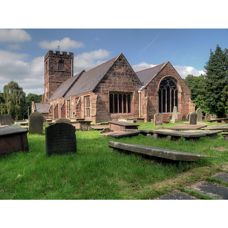 Source caption: "St Mary's Church is a redundant Anglican church in the small village of Thornton-le-Moors. The nave, chancel and south aisle of the present church, is built in red sandstone with slate roofs, date from the 14th century as does the south door. A chapel, the Elton Chapel, was added in the 16th century. The tower also dates from this time; it was damaged by fire in 1909 and was largely rebuilt in 1910. The church closed in 2002 and was vested in the Churches Conservation Trust in September 2009."