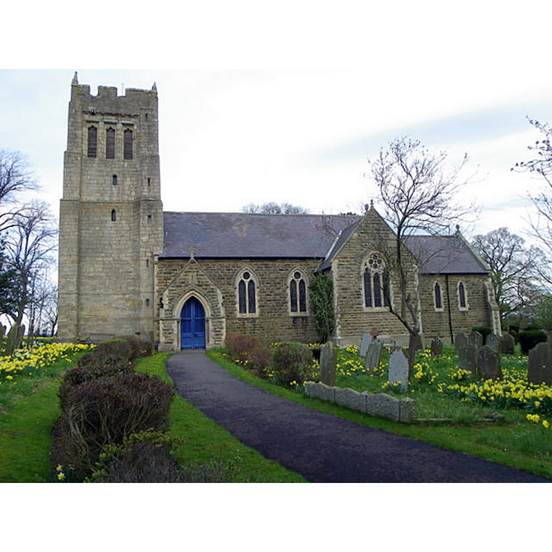Source caption; "The four stage tower with embattled parapet and pinnacles dates from the 15th century. The rest of the church dates from the 19th century."