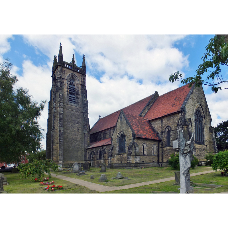 Source caption: "Church of St Nicholas, by F.S. Brodrick, built 1877-80, consecrated 3 August 1880. Replaced the 12th century church, partly demolished 1653-5, the remainder taken down 1691-3, that stood on the opposite side of Holme Church Lane."