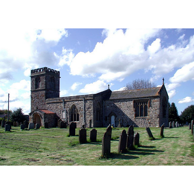 Source caption: "Much remodelled 12th century church at Barmston which was dedicated to All Saints by 1390. The nave and aisle were re-roofed at the expense of Lady (Elizabeth) Boynton in 1938, in such a way that from certain angles the nave doesn't appear to have a roof."