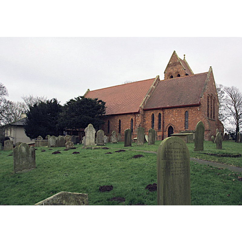 Source caption: " St Lawrence's Church, Atwick. The present building replaced the original medieval church in 1876. It consists of a nave and chancel in red brick. The only surviving medieval feature is a Romanesque font."