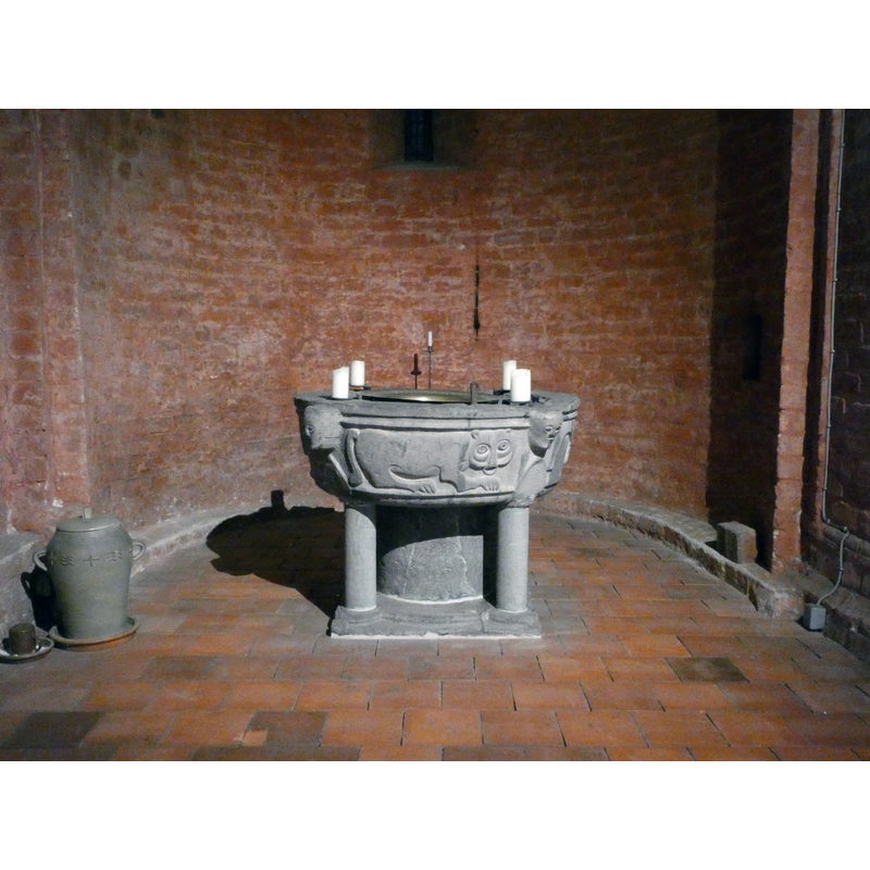 the restored font in its baptistery in St Nikolaikirche, Brandenburg an der Havel