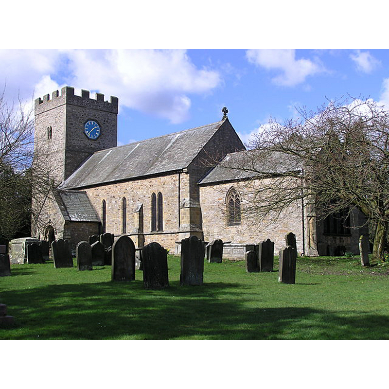 Source caption: "St. Cuthbert's Church: Forcett. Norman south doorway, tower and (re-used) south porch entry. The rest mostly from drastic restoration of 1859 which also produced refurnishing in high Victorian style. Many sculptural fragments (Anglo-Danish c800-1066) medieval coffin lids and worn effigy of 14th C. priest."