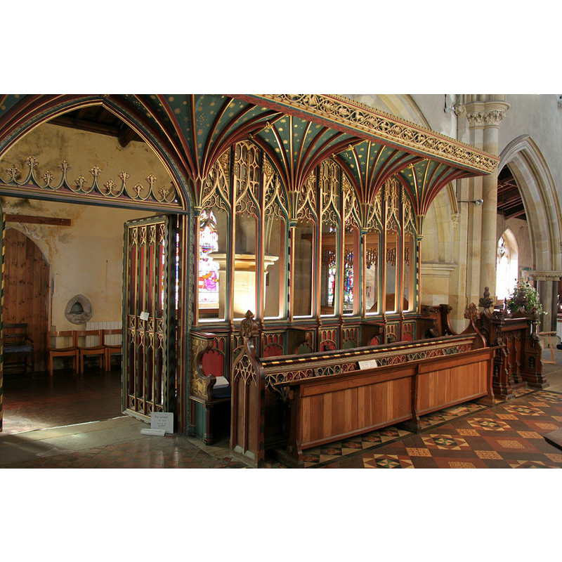 Source caption: "Church of St Andrew, Aysgarth. Part of the 16th century rood screen from Jervaulx Abbey, now installed between the chancel and the Lady Chapel."