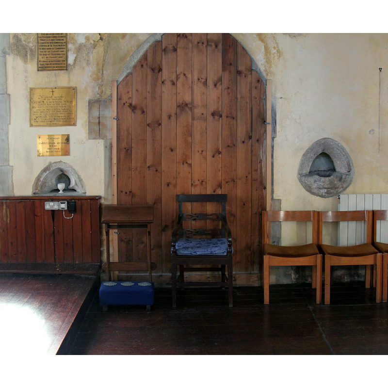 Source caption: "Church of St Andrew, Aysgarth. Two rather mutilated medieval piscinas in the Lady Chapel represent the only medieval stonework in the interior of the church."