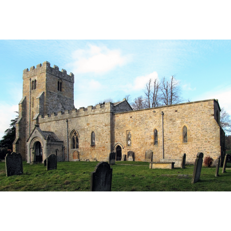 Source caption: "Church of St Oswald, Hauxwell. An ancient church of mostly the 11th and 13th centuries. The top part of the tower is circa 1600, whilst the Romanesque porch entrance is quite obviously 19th century, but with a genuine Norman doorway and arch within."