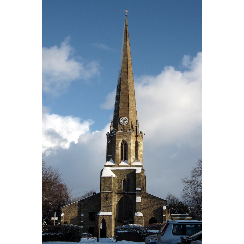 Source caption: "Parish church of St Mary and St Cuthbert, Chester-le-Street, County Durham, seen from the west in snow. The wider left side of the church is The Ankers House. The black shape in front of the church is the war memorial."