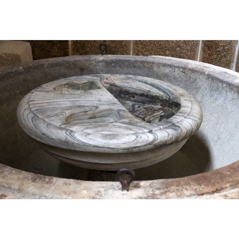 obviously the small basin insert is the 'acrive' part of this font in baptisms -- notice the two metal staples from an old cover locking hardware in the upper rim of the original basin