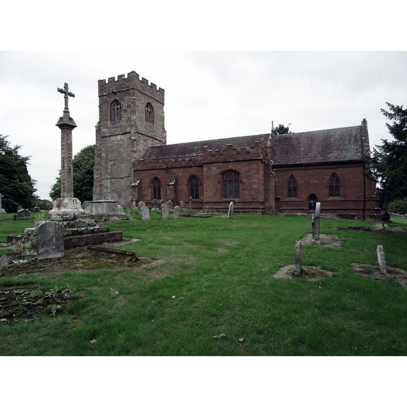Source caption: "St Chad's church, Stockton. The church dates from the 12th century little remains from this time. The tower is from the C15 in the lower stages, which the upper stages were completed by the middle of the 17th century. The contrasting nave and chancel were rebuilt in 1858-59".