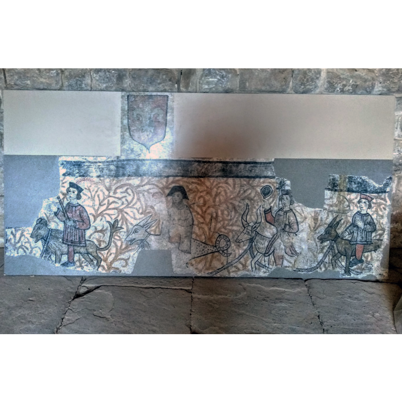 photo reproduction occupying the place of the original on the south wall of the nave: "pinturas de estilo gótico tardío, muy naif representando a los pecados capitales, cabalgando en diversas y extrañas monturas.[...] tras ser pasadas a lienzo, se guardan en un almacén del Palacio Episcopal de Jaca" [source: Antonio García Omedes [www.romanicoaragones.com/0-Jacetania/99008-Ordoves1.htm] [accessed 23 December 2019]]