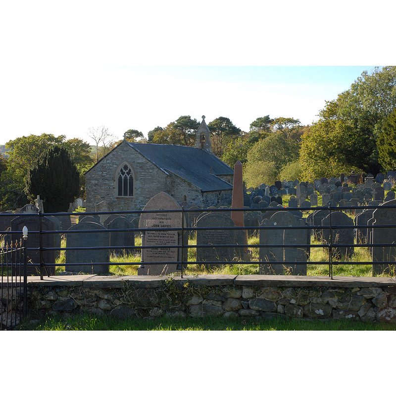 Source caption: "Graveyard and church, Llanegryn. Tucked in on the hillside above the village."