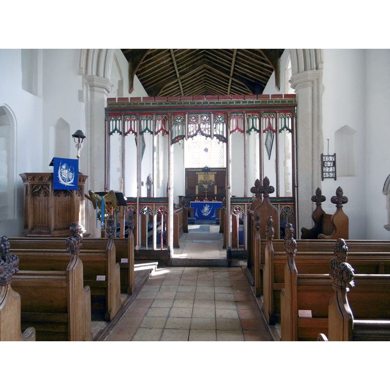 Source caption: "Interior of St Mary's Church, Parham. The windows to the nave and chancel of St Mary's Church are Perpendicular, as is the screen to the chancel. Most of the pews were replaced in the 19th century."