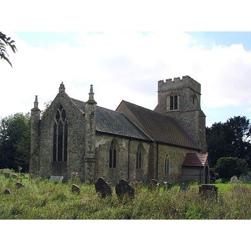 Source caption: "Depden St Mary’s church. The buttresses at the east end of the chancel have pinnacles which carry up to the roof-line. They were erected in the 14th c., but serve no real purpose. The shabby looking porch is the vestry and protects the beautiful Norman doorway at the west end of the nave. The 17th c. north porch is a simple structure. Two of the bells are 15th c. as is the tower which is heavily buttressed."