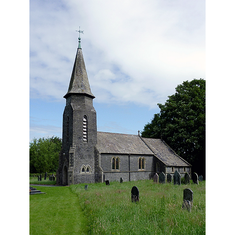 Source caption: "The Church of St Bledrws is also referred to as St Michael's Church. Although the tower is from 1830, the church is from 1887 having been rebuilt by D. E. Thomas of Haverfordwest for the Jones family of Derry Ormond, with stone hauled by estate tenants from the quarry in Llanddewi-Brefi. The church and nearby housing together are a good example of an estate village of the nineteenth century."