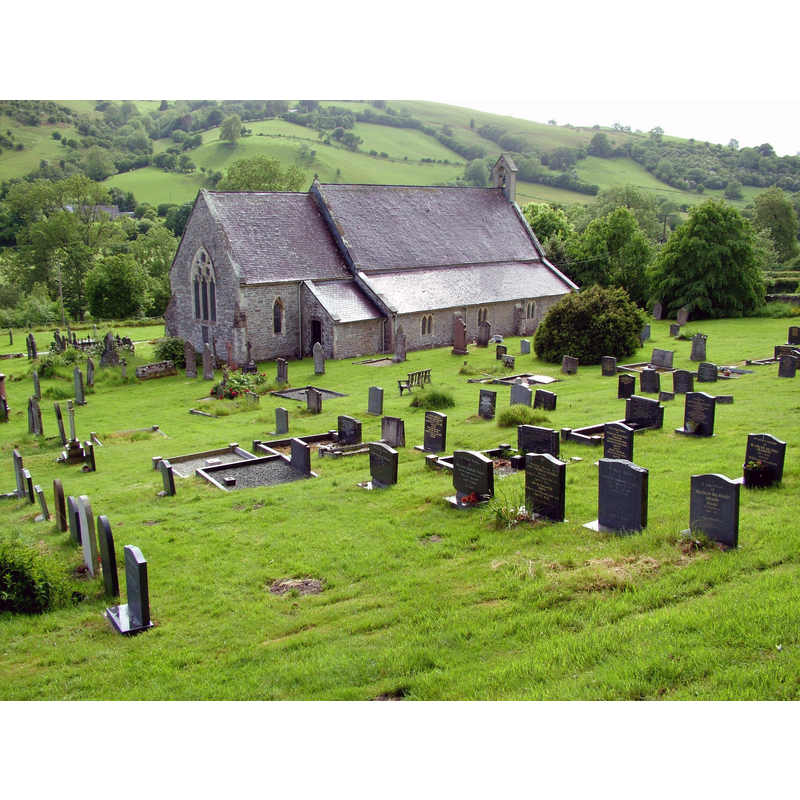 Source caption: "St. Mary's Church and graveyard in Llanfair Waterdine about 2 miles North-West of Knighton, Powys and just across the border in Shropshire."