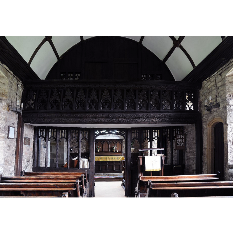 Source caption: "St Aeddan's church, Bettws Newydd contains one of the most complete rood screens which includes stairs, loft and tympanum."