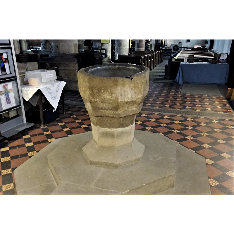 Source caption: "St Mary's Church, Kirkby Lonsdale. Ancient 14th century font from Killington Chapel, Yorkshire, England."