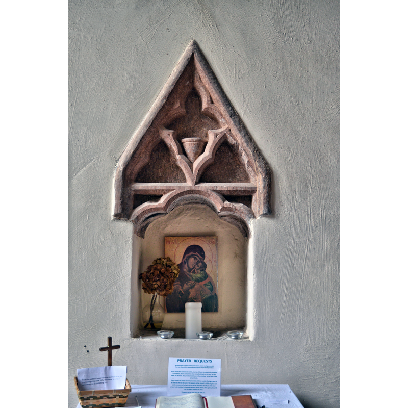 Source caption: "St Nicholas, Trellech. A piscina in the South aisle of the nave - a unique design of the 14th century."