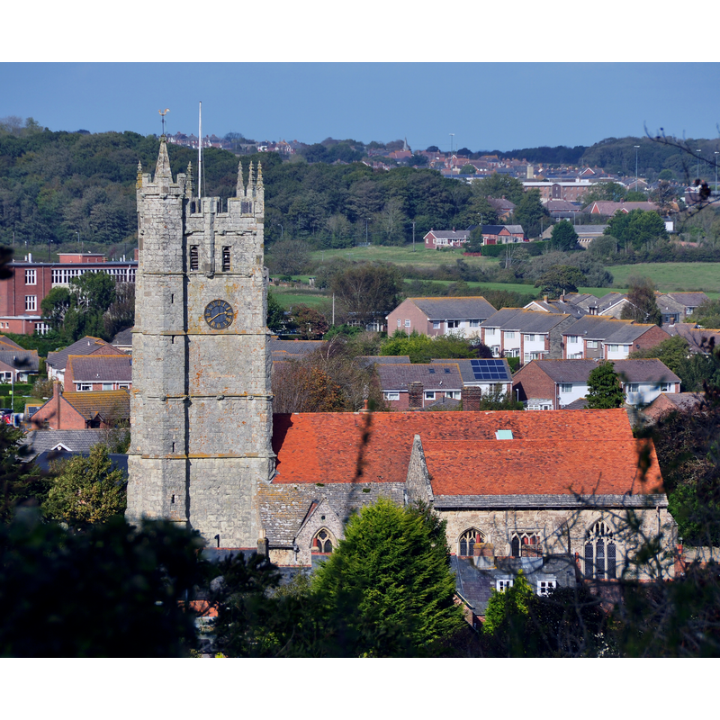 Source caption: "The Church of St Mary in Carisbrooke on the Isle of Wight, seen from Carisbrooke Castle"
