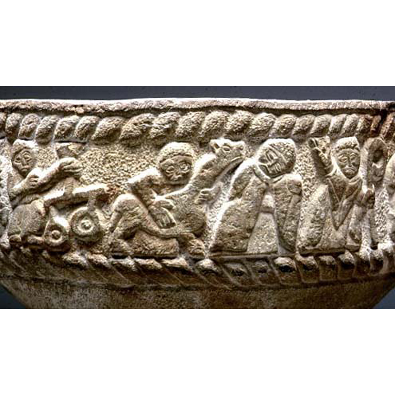 [L->R] St Michael with his scales --> animal sacrifice? --> abbot or bishop blessing a person