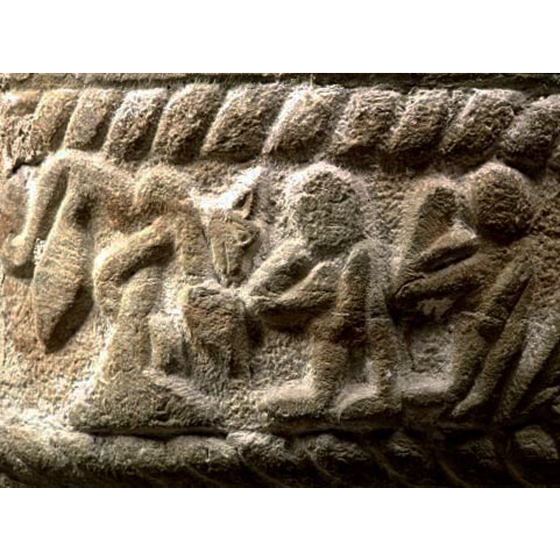 Source caption: "syndafallet" -- though very sketchy, there appears to be a tree on the left, on which a serpent is coiled, pointing its head to the right; on the right are two figures, one of which [Eve?] appears to have a round object [apple?] in the right hand; the figure on the far right perhaps Adam, unless it is an angel ready to expulse them from Paradise
