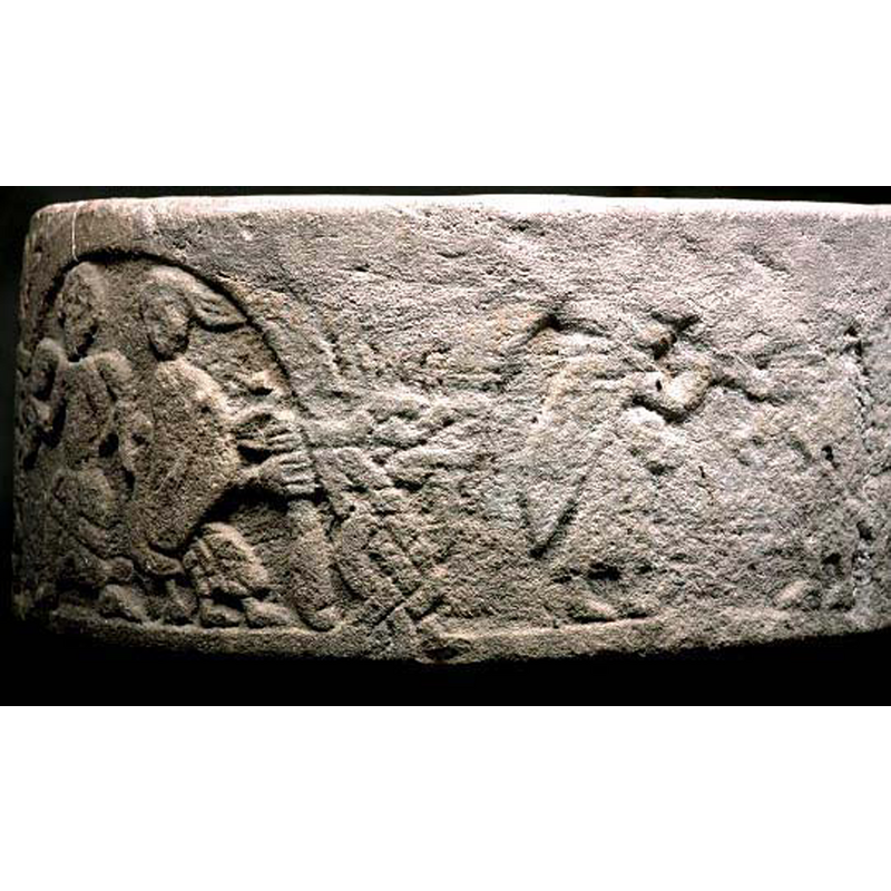 on the left a possible Visitation scene; on the right there appear to be two figures facing each other