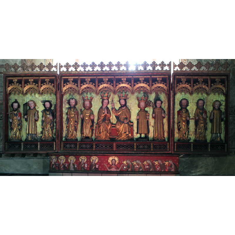 Source caption: "Altarskåp vid södra väggen i Knutby kyrka." -- former retable and predella of the 14thC(?), now hanging on the south wall