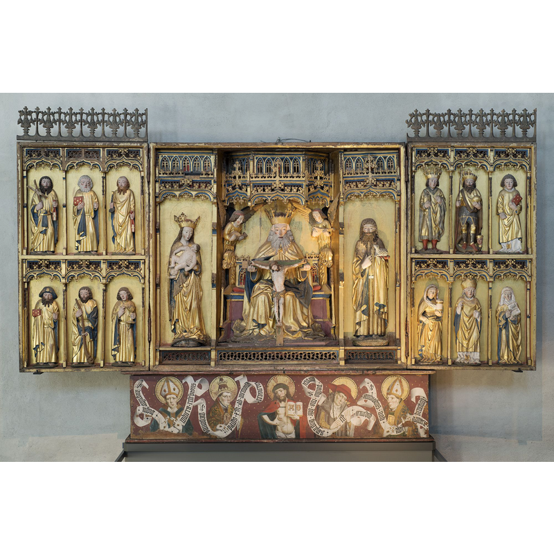 Source caption: "Former altarpiece of Västra Ryd Church, Sweden. Late medieval, according to written sources inaugurated by Bishop Jakob Ulfsson in 1479. In the style of Hermen Rode. Material: oak. Today in the Swedish History Museum, Stockholm."