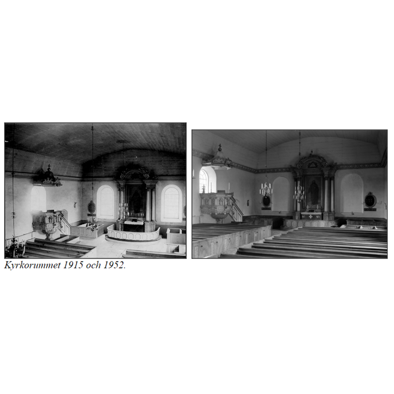 the two photographs, taken respectively in 1912 and 1952, show parts of two baptismal fonts serving as the support for the pulpit; this support had been created before 1900 and was only dismantled in 1953, shortly after the photograph on the right was taken