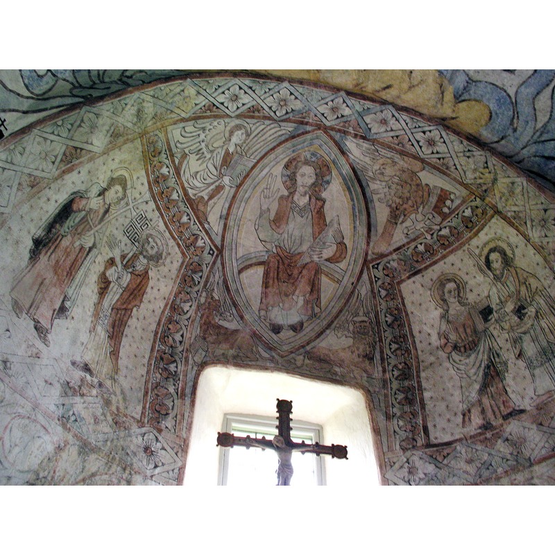 Source caption: "Christ Pantocrator between the Evangelists Matthew and John. Below, Saint ?? and Saint Peter, Saint ?? and Saint Paul. Choir of Väversunda church, Sweden"
