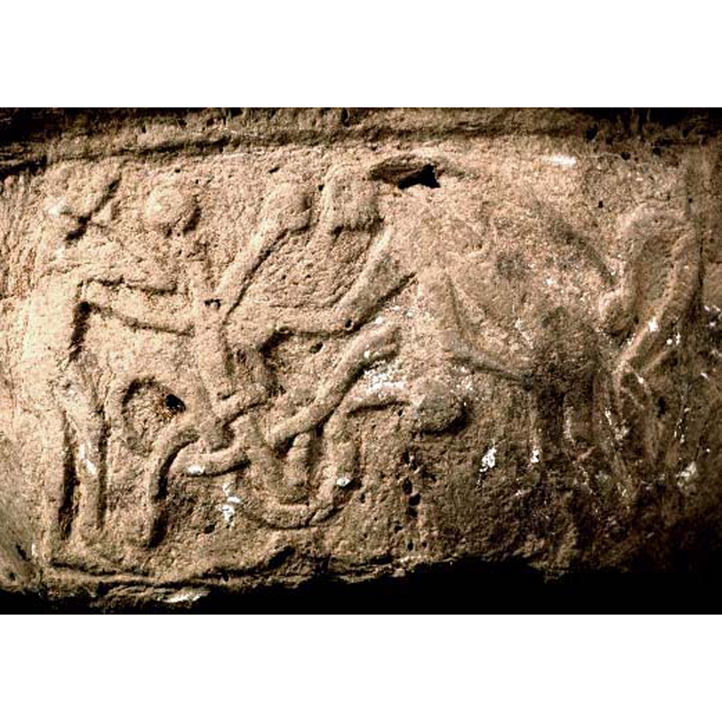 this seems to be the scene that Roosval describes as: the Fall of Man including Adam and Eve by the Tree of Science: Adam puts his hand to his mouth as Eve, her hair in long braids, extends the apple to him [cf. FontNotes]