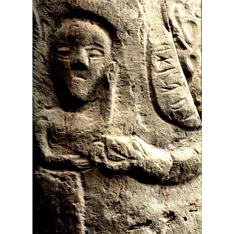 Eve gets delivered of the appl by the serpent's head; Runic inscription above the sepent's neck