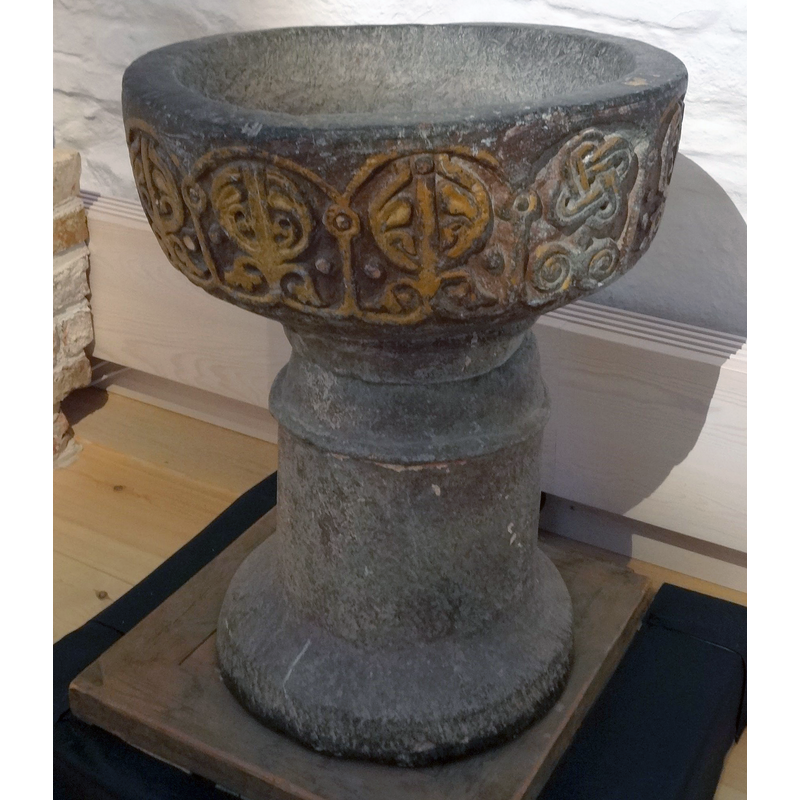 the medieval font from Stråvalla photographed in the Hallands kulturhistoriska museum, Varberg [on loan from the Statens historiska museum (SHM), Stockholm]