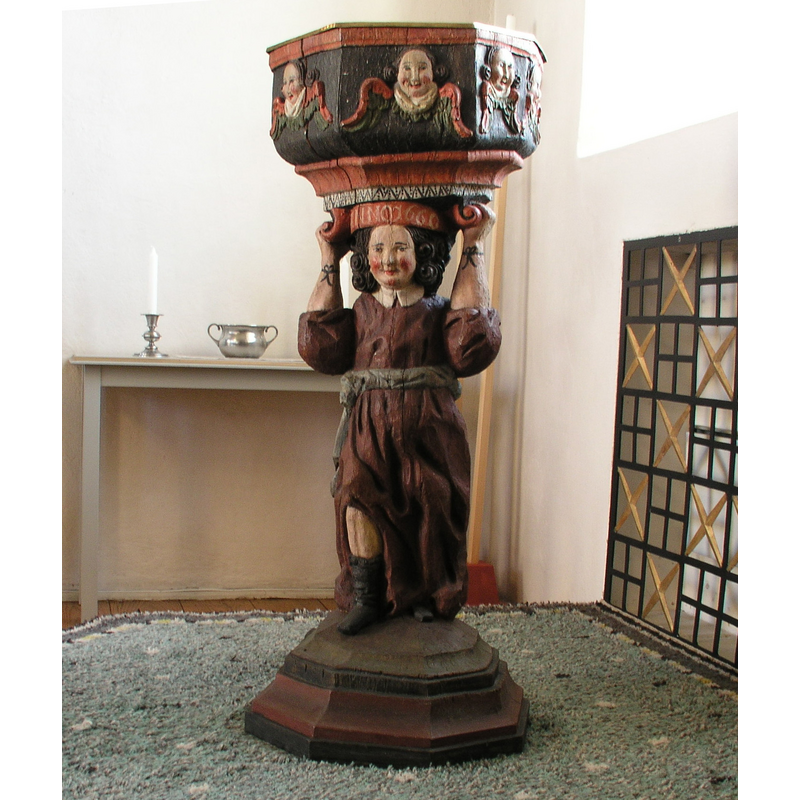 Source caption: "Sjögesta church. Baptismal font, dated 1660."