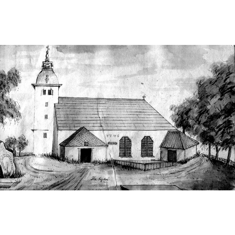 view of the church after its re-building of 1746 -- Source caption: "Laverad tuschteckning av Flo (gamla) kyrka, utan datering. Bilden visas i svartvitt på grund av svåra missfärgningar i pappret. Källa: Stifts- och landsbiblioteket i Skara: MS Geografi Västergötland 1, bild 49. [...] 1830s [...] Johan Gustaf Thun"