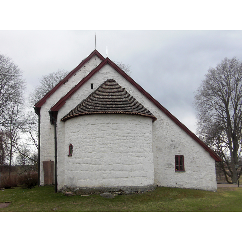 Source caption: "Exteriör av Gökhems kyrka, Vilske härad, Falköpings kommun,[...] Absiden och sakristian."